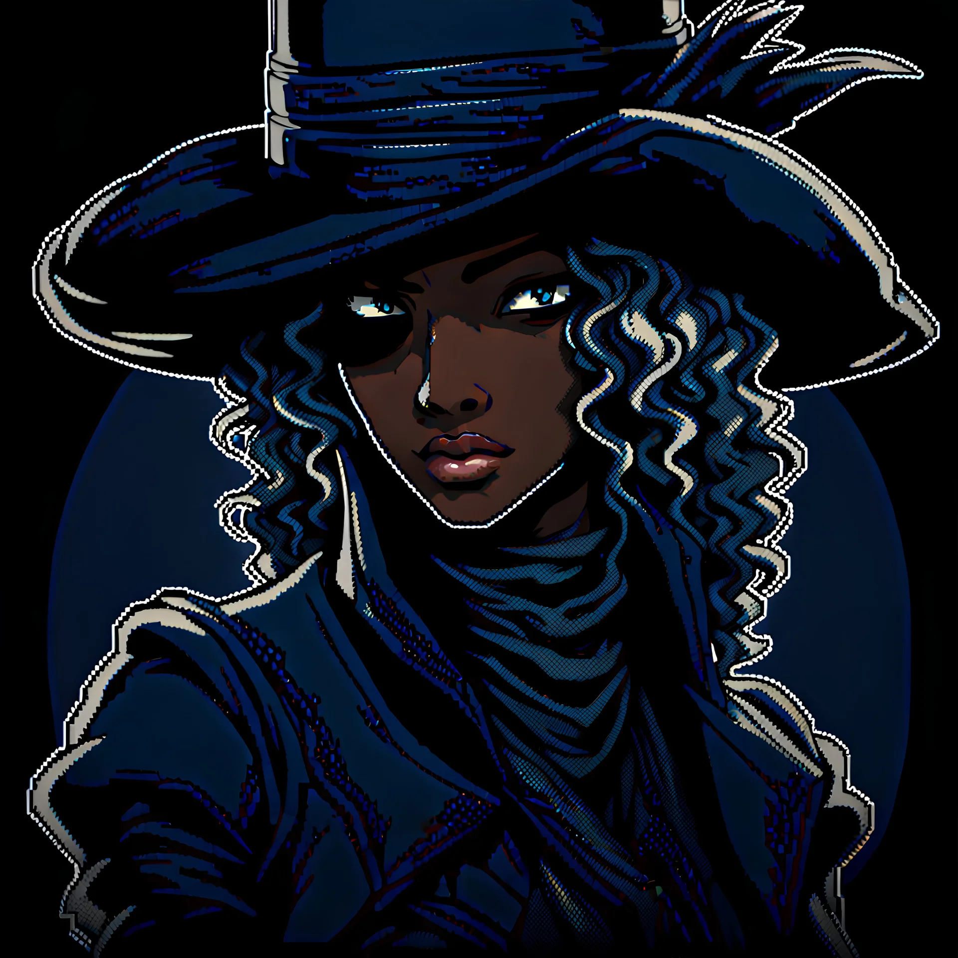 Bad ass stylish curly haired dark skinned Lady Maria from Bloodborne in blue pixel art