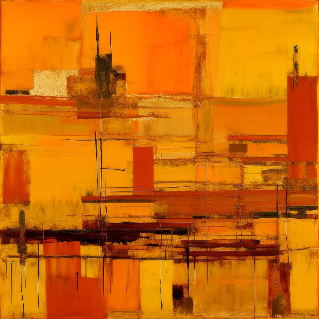 An yellowish orange colored pixelated junkyard painted by Mark Rothko