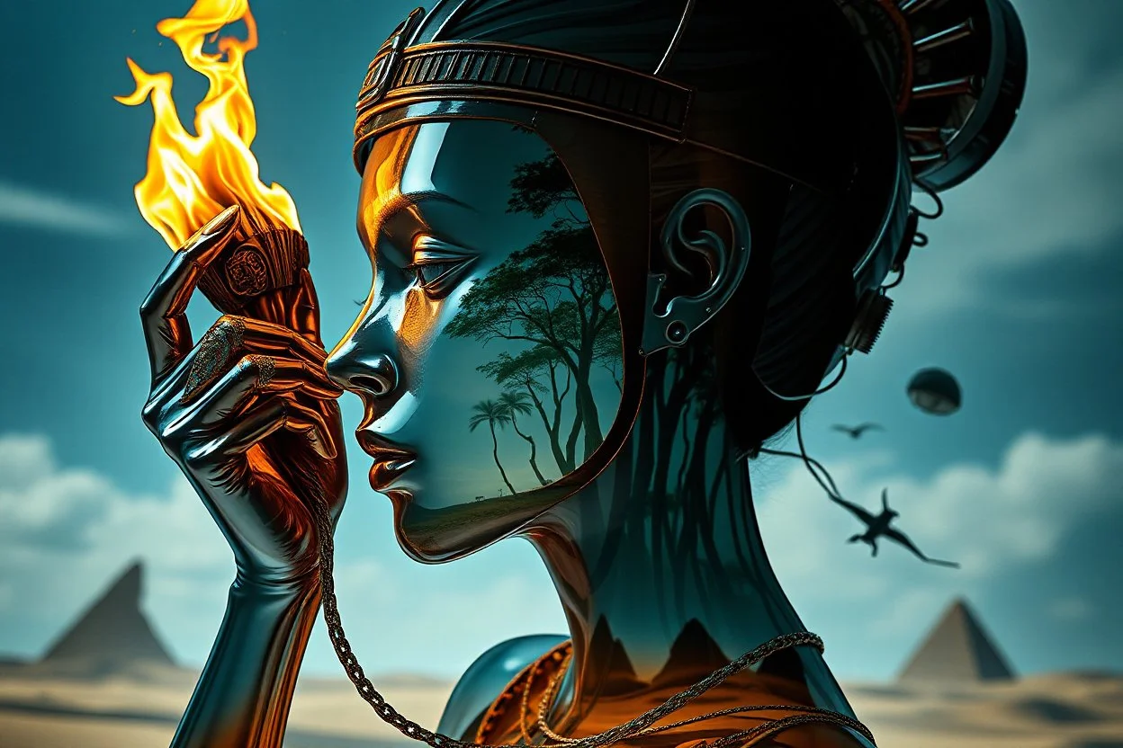 Unique glass metal ripped surrealistic artwork with shiny girl Ghotic head burning screening shackled by cliff and island, while holding a face doing face pulling, the open cavity inside the body is a scene of an ancient Egyptian painting in the Gesang desert 5D diorama, with seven open panels on the body revealing a forest with a thousand shadows, giving a triple exposure effect on a Balinese girl and her neck cavity, with a background in the passage of time