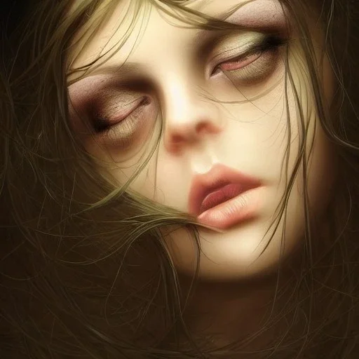 draw woman with Light-brown long hair, dark fantasy setting, ethereal, soft lighting, soft green eyes, medium cheeks, big forehead, wide chin, small nose, Portrait of mutant,sexy, perfect composition, detailed eyes