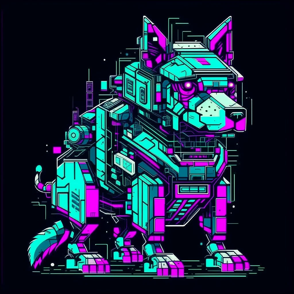 A 2D Vaporwave would depict the robotic dog from Doctor Who with digital glitch patterns, with Japanese kanji characters, blending K-9’s boxy, angular form with the nostalgic and surreal aesthetics of vaporwave, he is a robot dog, and is blocky, he has satellite ears, and an antennae.