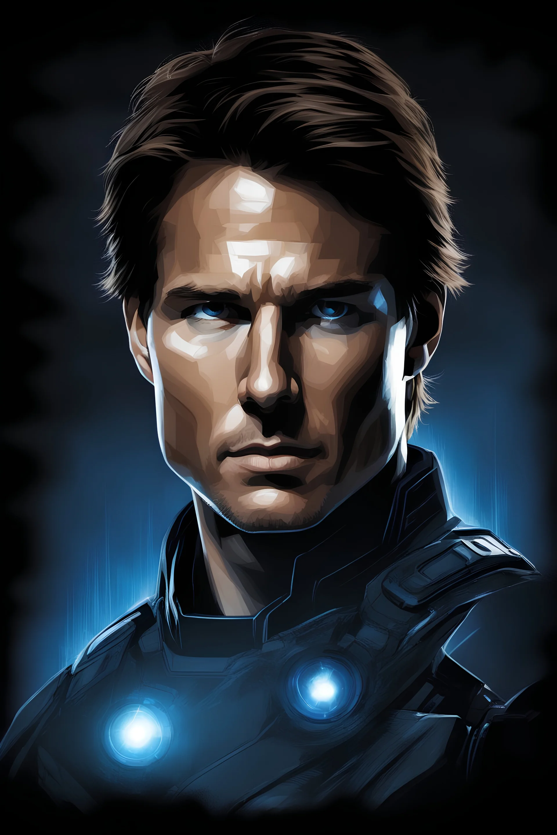 Tom Cruise facial portrait - pitch-black background with a blue glowing overhead spotlight effect, time travel, space voyages, superheroes, moving really fast