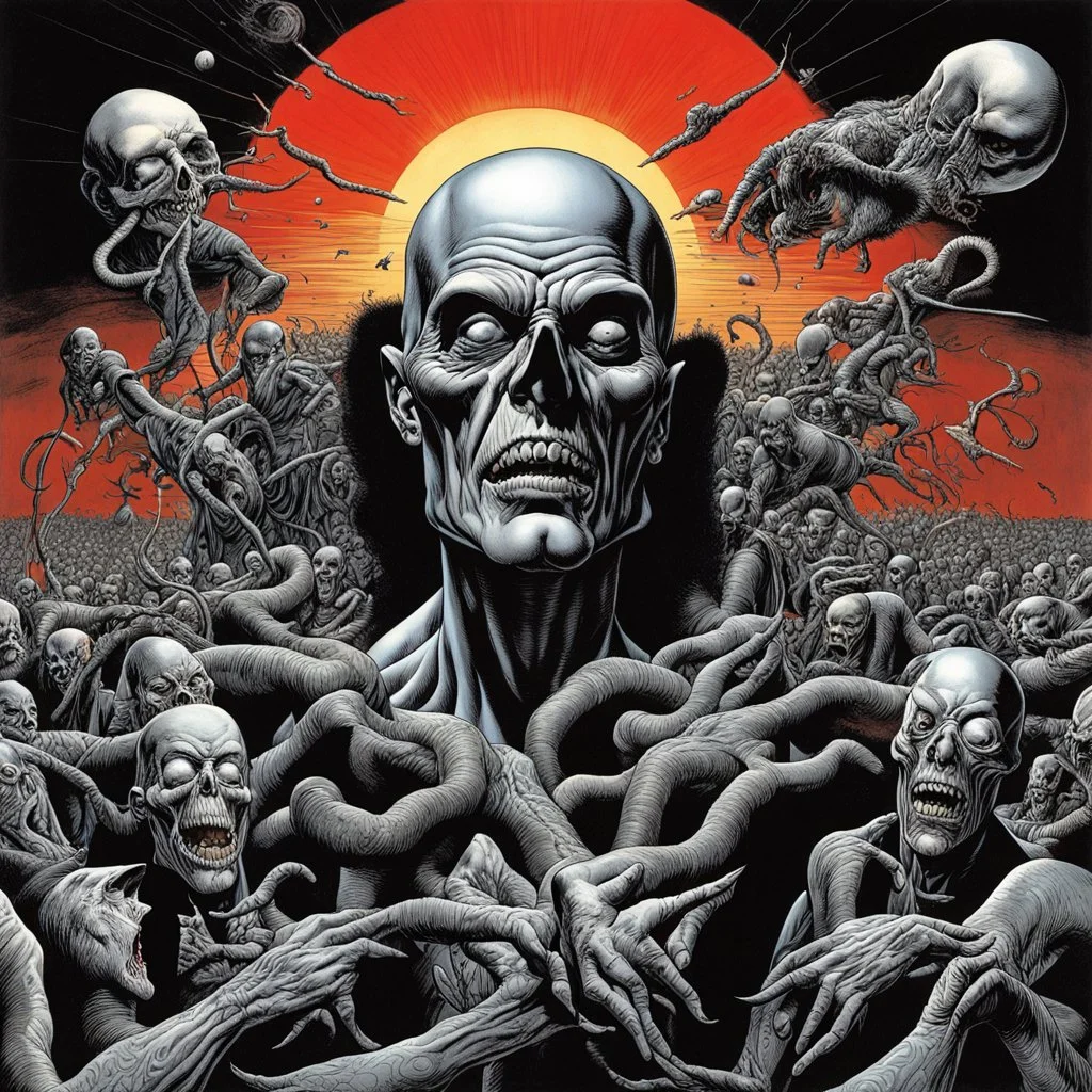 44 Dark shines war, Socratic method in the gnostic tradition, horror surrealism, by Brian Bolland, style by Dali, expansive, maximal, smooth, nightmarish, brilliant dark colors, infernal elements lurking underneath the composition, ink illustration, Bolland's visceral style, saturated primary colors.