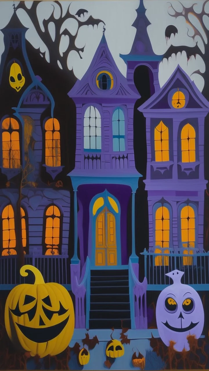 A purple haunted mansion with ghosts and Jack-o-lanterns painted by Stuart Davis