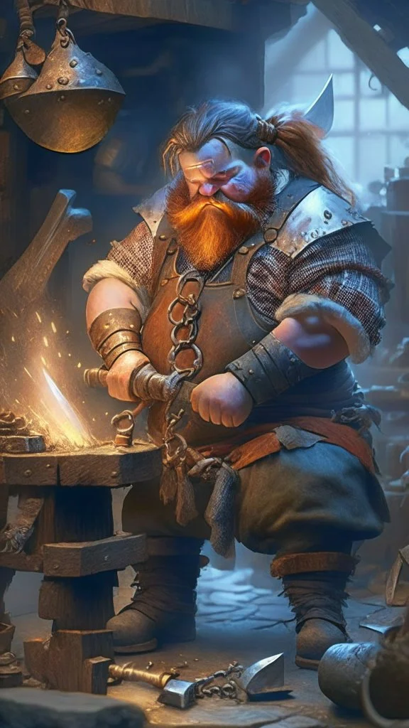 dwarf bladesmith working in a forge