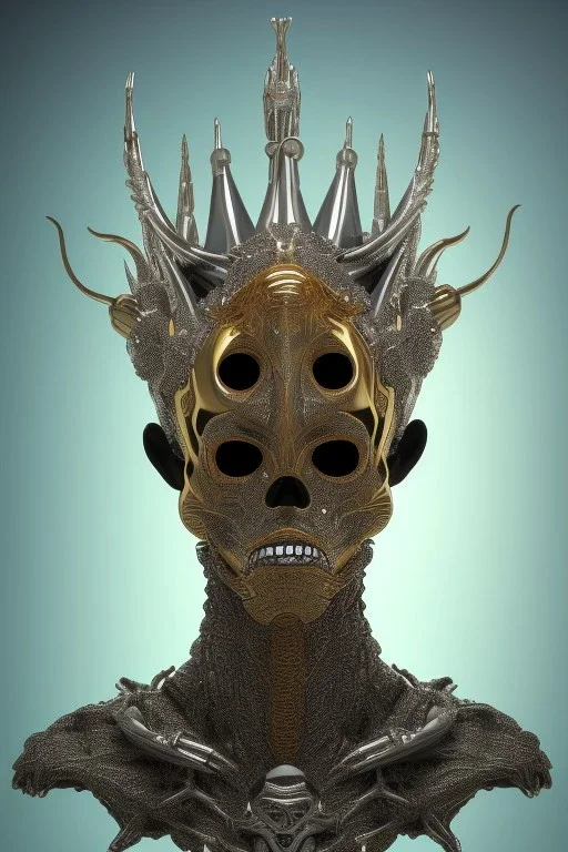 black male African alien, cracks in the voodoo head, wicked, diamond eyes, crown, blood, 8k, finely detailed, photo realistic, leopard style turquoise skull head gold dragon space alien rain skeleton gold tooth silver crown silver space suit spaceships