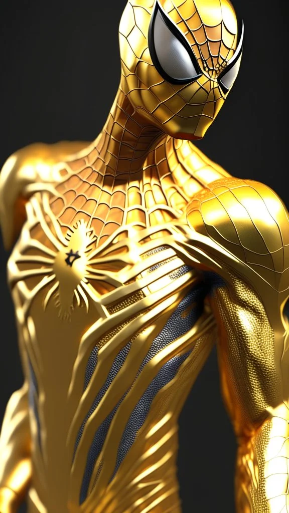 spiderman made from gold , gold material, gold color, ultra realistic, 4k, ultra detail, full body
