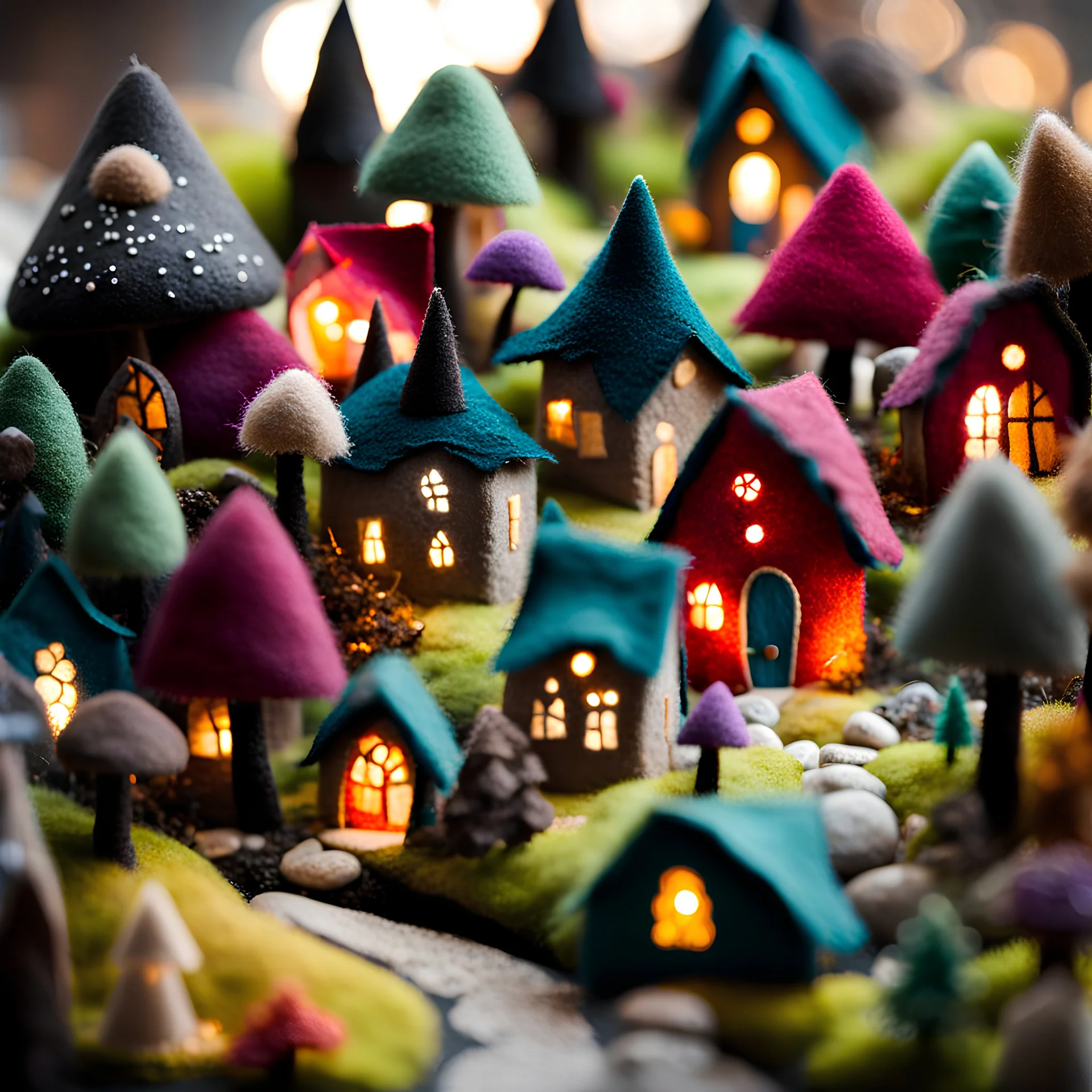 Close-up photograph of a village made of felt, people, houses, rock formations, animals, fungi, crystals, mineral concretions, extreme detail, intricate, volumetric light, colours, Tim Burton, Harry Potter, sparkles, bokeh