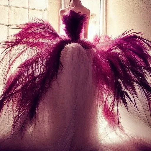 dress made out of feathers and tulle, stunning colors, chiaroscuro, fashion photography, vogue, dramatic, beautiful lighting, delicate composition, aesthetic, ballerina, ballgown