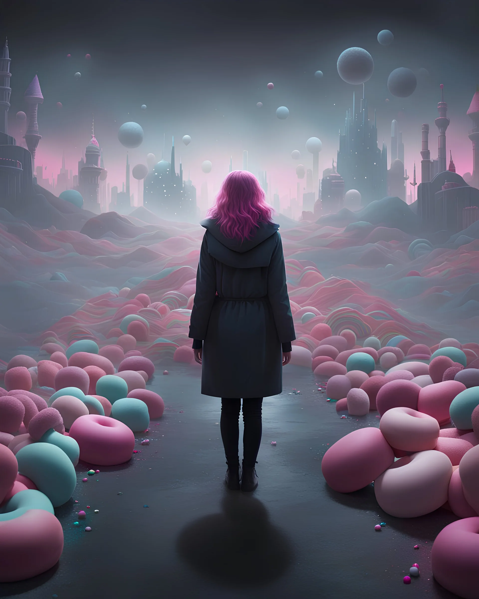 empty foreground, the background is a Candyland City, constructed from surreal-looking donuts, cakes, and crumbs, DOF, digital illustration with color pops of pinks and reds and blues , bubblegum horror, Unreal Engine 5,trending on Artstation