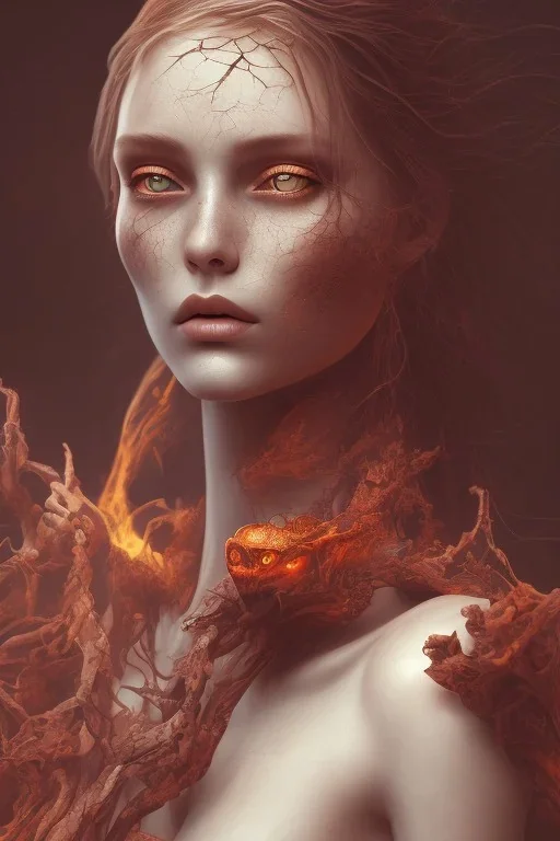 portrait photography of an ethereal beautiful animal goddess, Fire theme art, Dark moody night atmosphere, Portrait of a woman by Michelangelo, 8K, close-up face, anatomically perfect face, oak tree roots, ignore NSFW