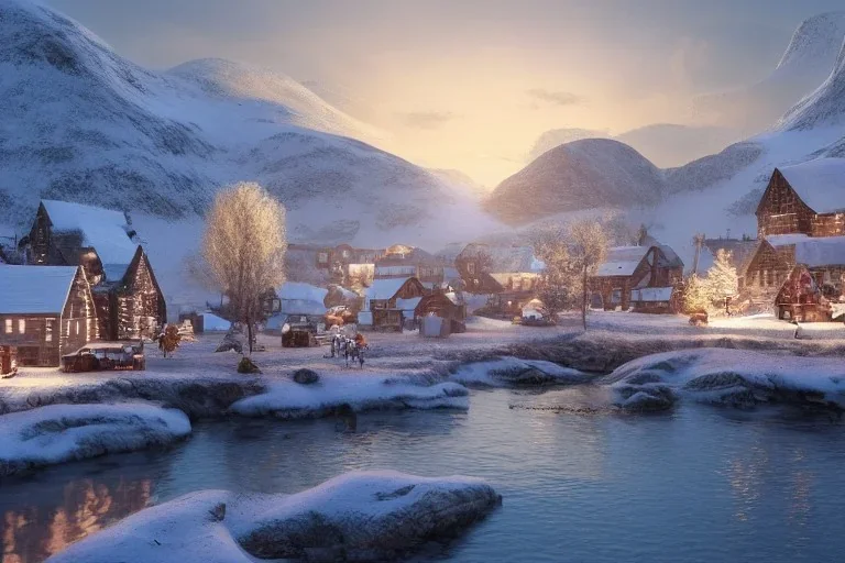 highly detailed small village scene in norway harbor, sunrise, illustration, background snowy mountains, christmas lights, cinematic lighting, 4k, 8k, octane render, digital concept art, trending on artstation, pinterest, extremely detailed, ambient lighting.