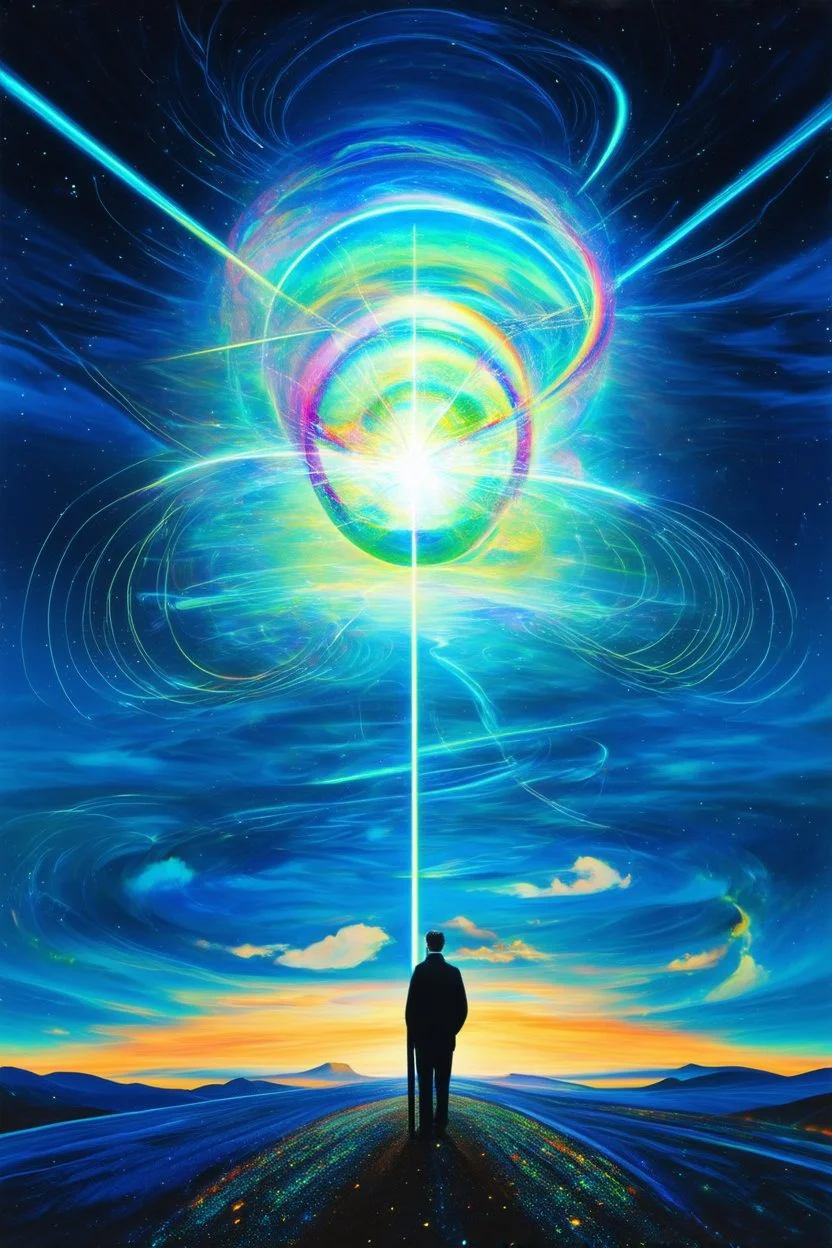 light spinning through quantum entanglement across the holographic horizon; a surreal mashup inspired by Magritte and Ernst