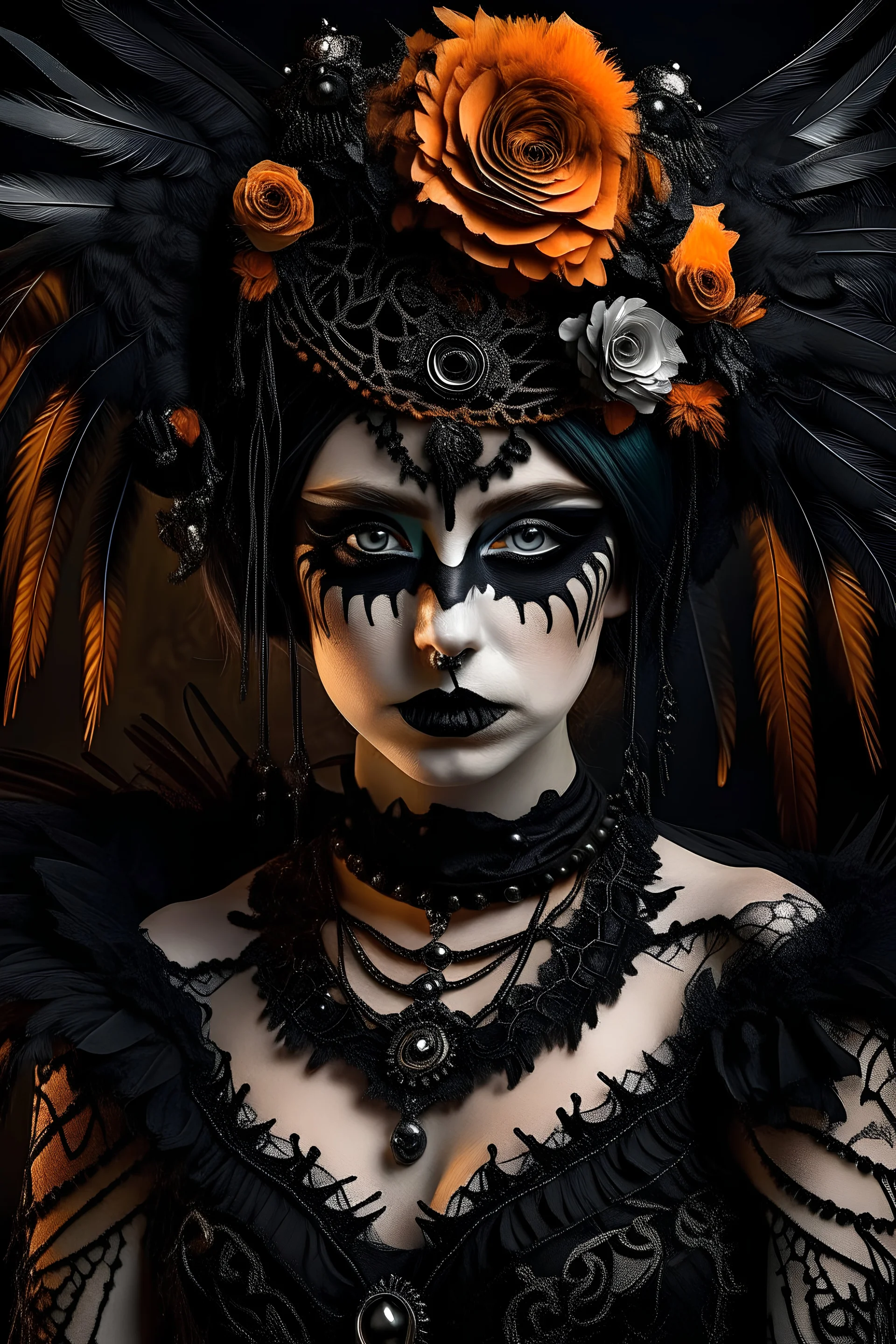 Beautiful young faced goth vantablack art nouveau paliwoman portrait, adorned with black Crow feathered headdress ribbed with black onix ad obsidian, white pearl colour and orange opal gradient, black and orange colour gradient roses headress and art nouveau gothica feathered textured leather dress ribbed with orange opal and obsidian stone wearing half face black feathered masque organic bio spinal ribbed detail of under the moonlight extremely detailed hyperrealistic maximálist conceeptportrai