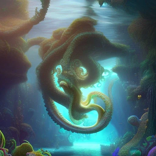 pixar style, volumetric sunken temple environment and background, realistic painting of a mermaid and octopus, looking excited, detailed digital painting, extreme dense and fine fur, anime, ornate, colour-washed colors, elegant, small minutiae, tiny features, particulars, centered, smooth, sharp focus, renderman gofur render, 8k, uhd, detailed eyes, realistic shaded volumetric lighting, sunlight caustics, backlight, centered camera view