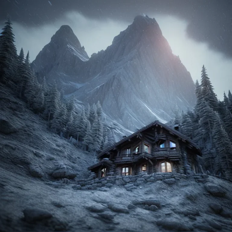 Scary mountain hut, sense of fear, Alps, night sky, 8k, HD, cinematography, photorealistic, Cinematic, Color Grading, Ultra-Wide Angle, Depth of Field, hyper-detailed, beautifully color-coded, insane details, intricate details, beautifully color graded, Cinematic, Color Grading, Editorial Photography, Depth of Field, DOF, Tilt Blur, White Balance, 32k, Super-Resolution, Megapixel, ProPhoto RGB, VR, Halfrear Lighting, Backlight, Natural Lighting, Incandes