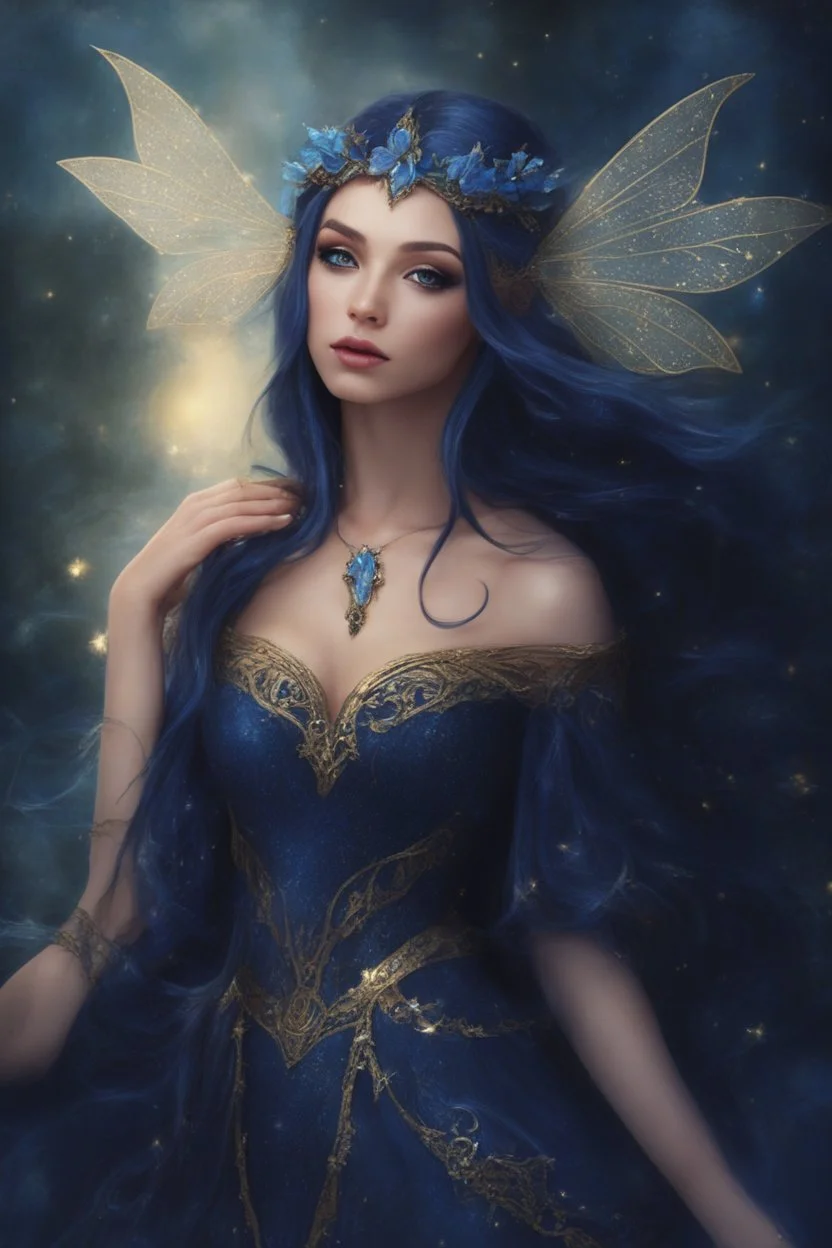 Midnight blue,Dark blue hair,night,dark fairy princess ,elven crown,elven ears,sparkle,glitter,gold armor,dragonflies,rapunzel hair,water lilies