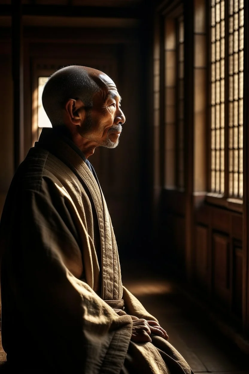 Shirokai was raised in a secluded monastery, where the monks devoted themselves to the study of ancient martial arts and the pursuit of inner peace. He was an orphan, brought to the monastery's doorstep as a baby, and the monks raised him as one of their own. photorealism, depth of field, lightrays, downligh