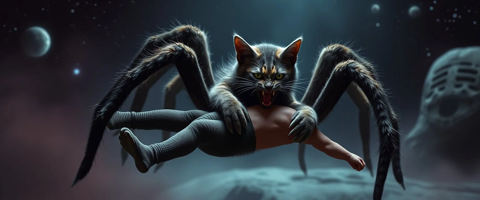 vampire space spider cat holding a human in its grip