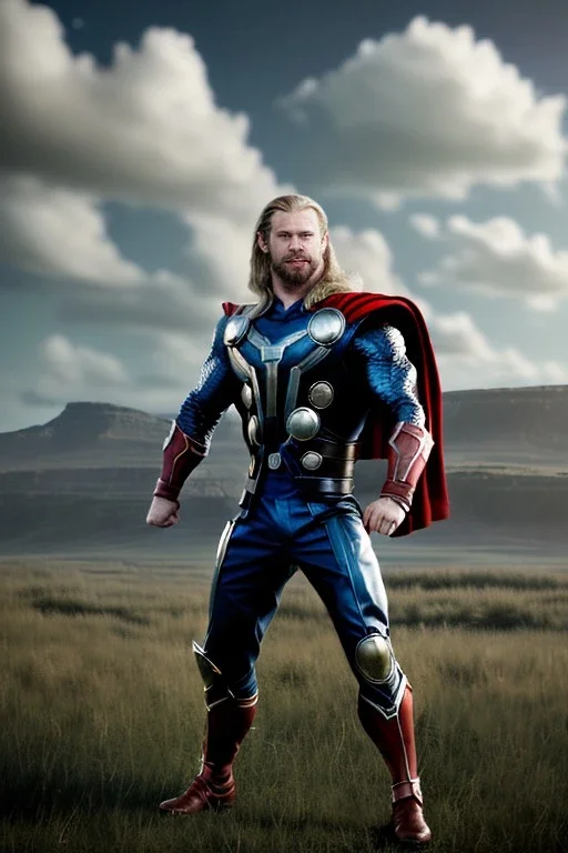 retro portrait image from 1960, sky background, wind, long blonde hair, thor classic comic dress style, fighting stance, young Chris Hemsworth, black dress, classic long tight lycra black suit, red cape, gold bracelet and belt, high boots, superhero style, soft color, highly detailed, unreal engine 5, ray tracing, RTX, lumen lighting, ultra detail, volumetric lighting, 3d, finely drawn, high definition, high resolution.