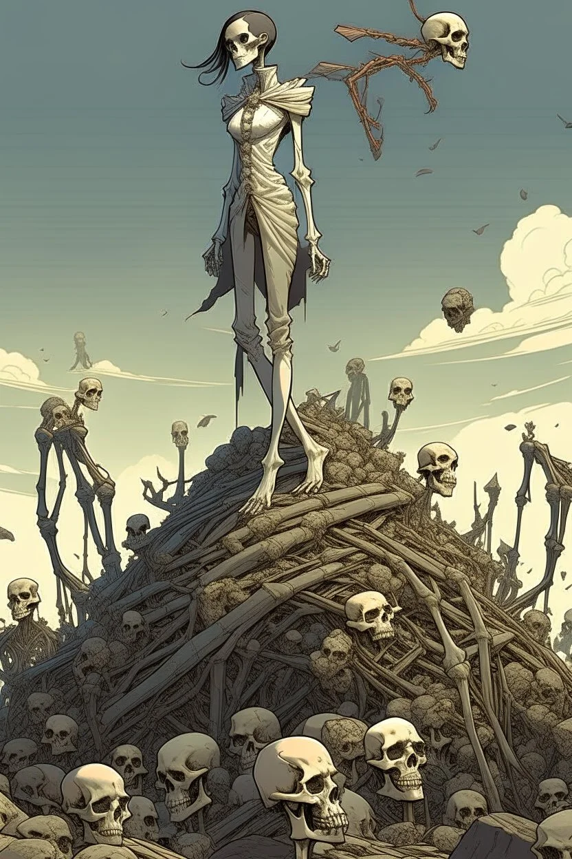 a bone yard with a tall android woman standing at the top of a pile of bones