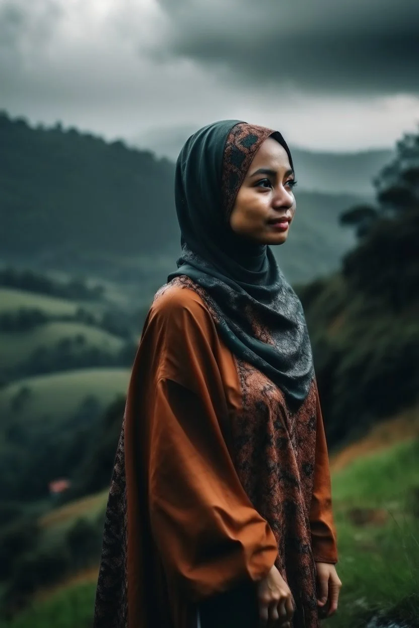 Wanita Indonesia cantik muslimah berdiri di tepi bukit saat hujan deras sendiri