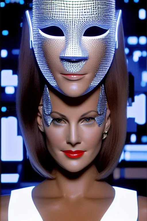 Technological singularity. Machine, fake smile, staring camera-eyes. 3D-tiling in adaptive background, lighted tower full of heads. Lightly armored, haughty. Cyber-punk full-mask. Lay figure woman with plastic milky skin. Repugnant behavior towards a human. tippets. Haute Couture 1996. Light right. Colors are silver, black, Cyan. Huge headphones. golden rings. Thick tights, Thick calves, Curved fell, Wide hip. Secretly change her head to another, which reveals face of