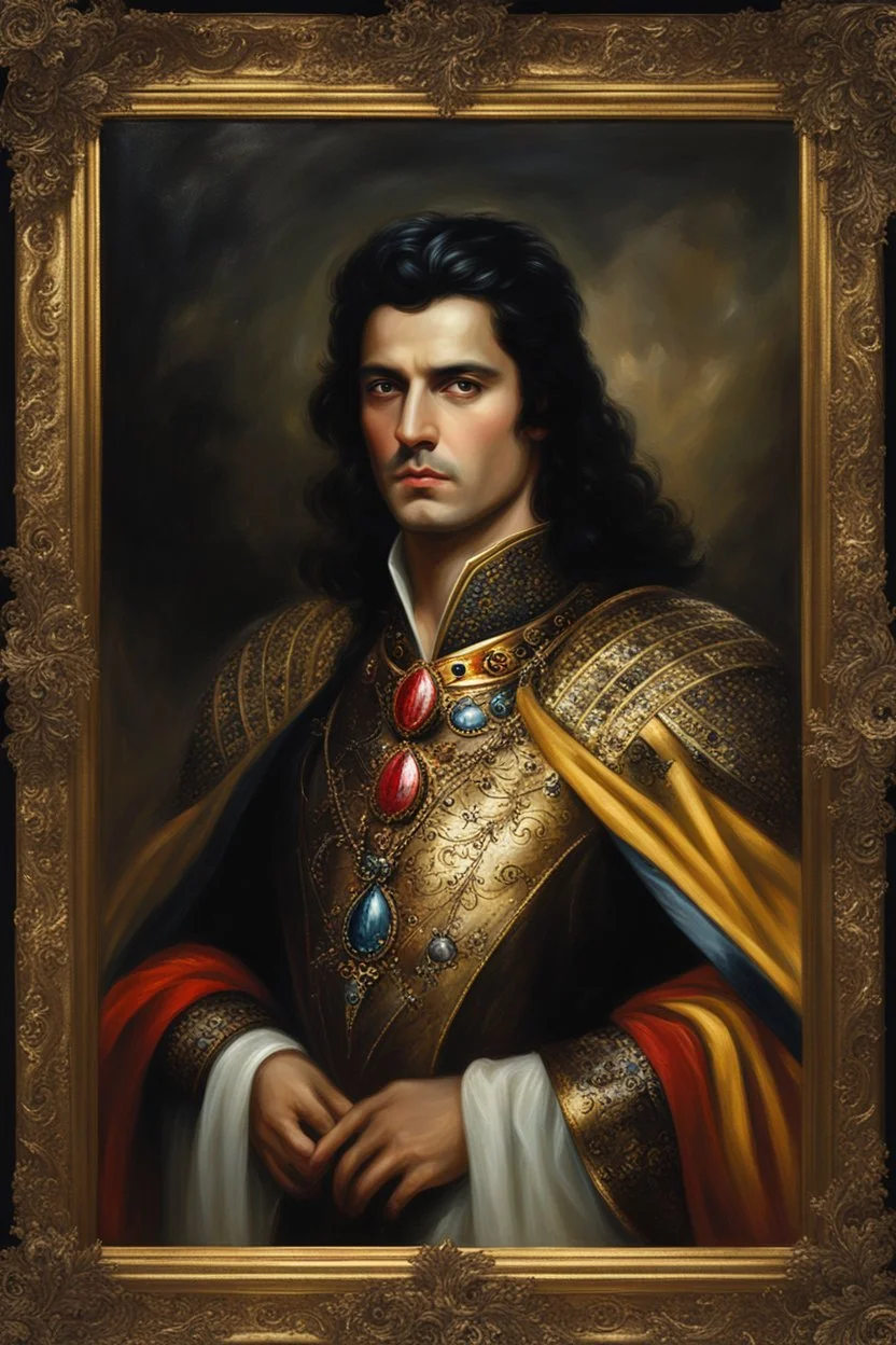 Gold framed painted portrait of a dark haired king with dark eyes, fantasy