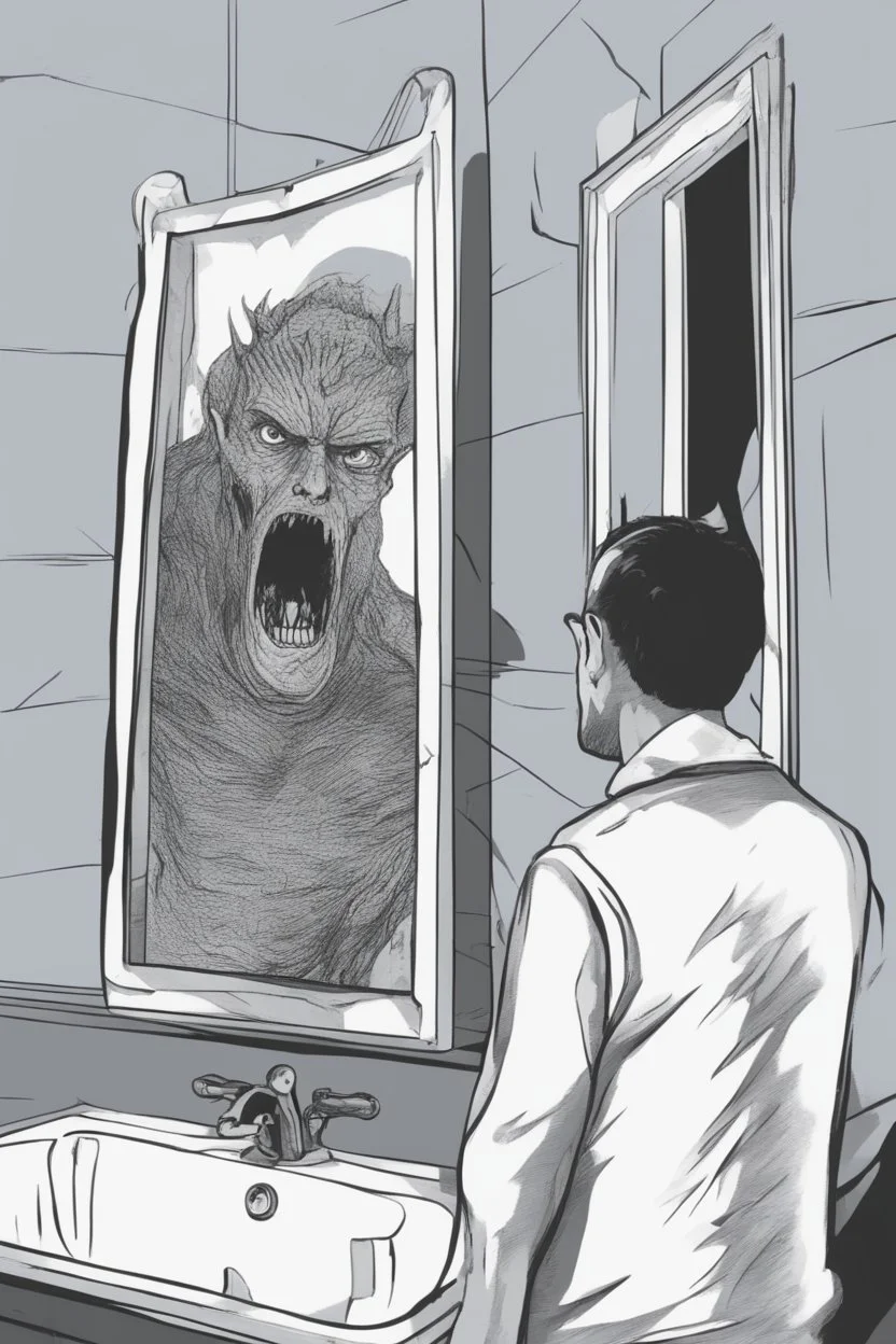 a man looking into a shattered bathroom mirror and seeing a horrifying, abstract deranged monster in his reflection