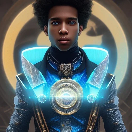 portrait of a teenager black boy with curly long hair and blue eyes,steampunk style,8k quality,full body shot, masterpiece, best quality,sparkling eyes, fluorescent skin, colorful makeup, highly detailed body,sun light, 4K, RAW, depth of field, high contrast, realistic details, 24mm