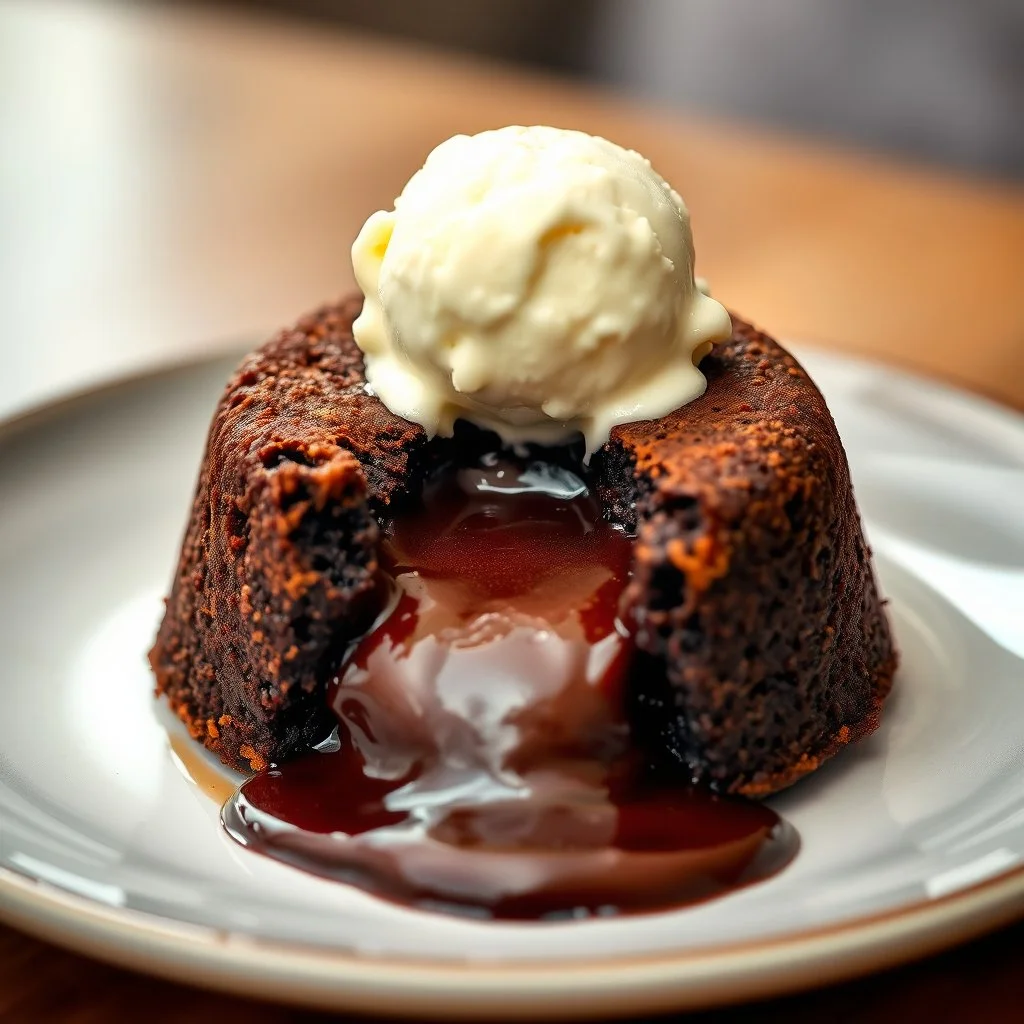 A decadent Molten Lava Cake, oozing with hot molten chocolate from its cracked center, elegantly presented on a plate with a dollop of creamy ice cream perched on top. This sumptuous dessert is depicted in a photograph, capturing the richness of its textures and colors. The luscious chocolate appears almost liquid, while the cake's exterior glistens with a hint of golden crust. The ice cream melts slightly, creating a tantalizing contrast of temperatures. The image exudes a sense of indulgence a