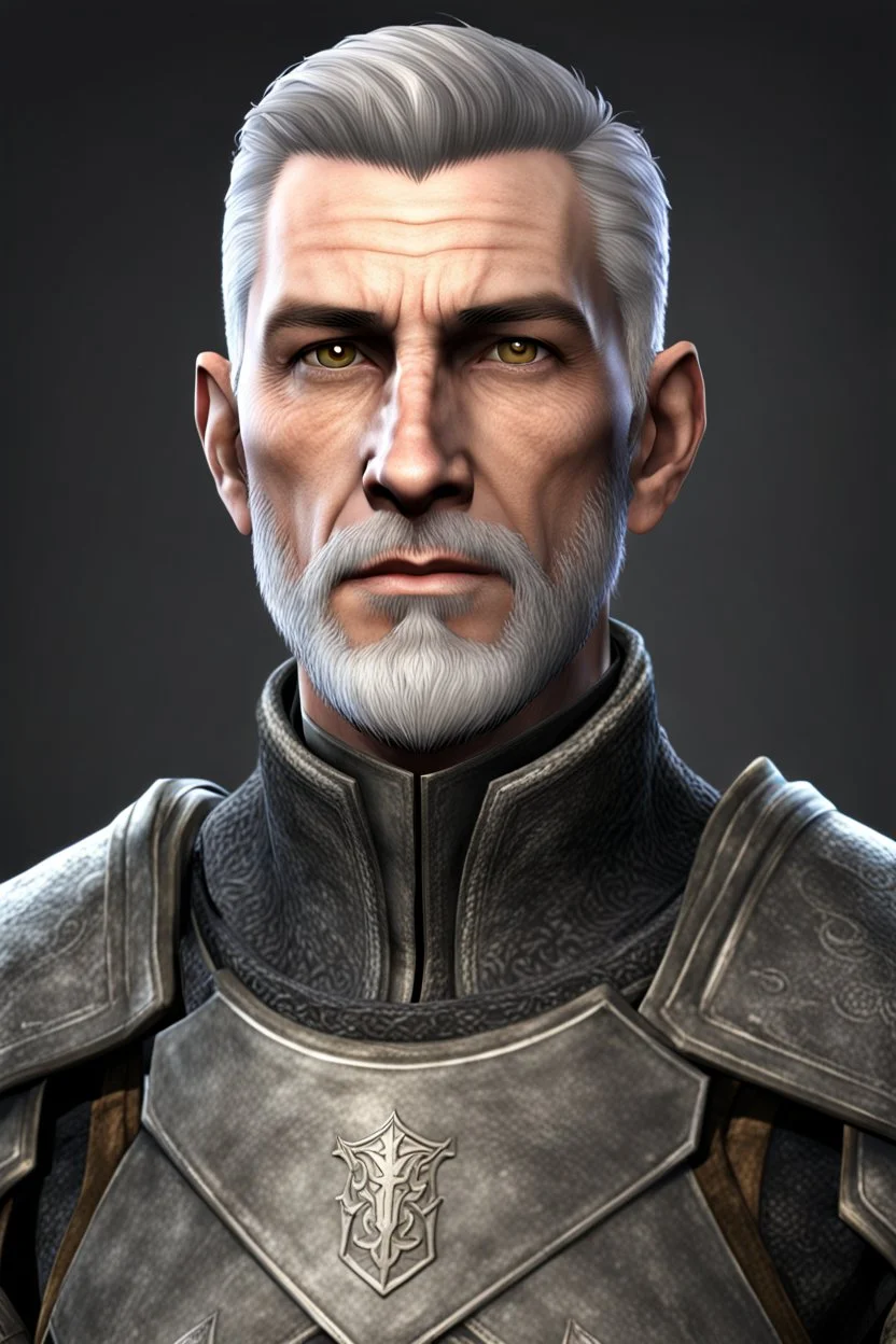 An old male imperial legion soldier from Skyrim with brown eyes, short gray hair and a light beard, Roman Legion style