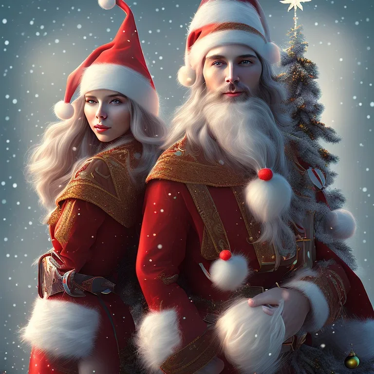 two elves. woman and man. Christmas scene. photorealistic. low-key