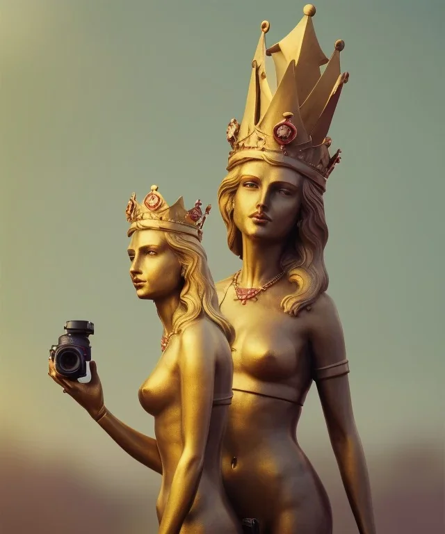 Statue of Queen of photography. Cute blonde woman. Photographer in golden crown. Standing on the street. Big camera in her hand. hyperdetailed, photorealistic, trending on artstation, greg rutkowski, beksinski, kodachrome