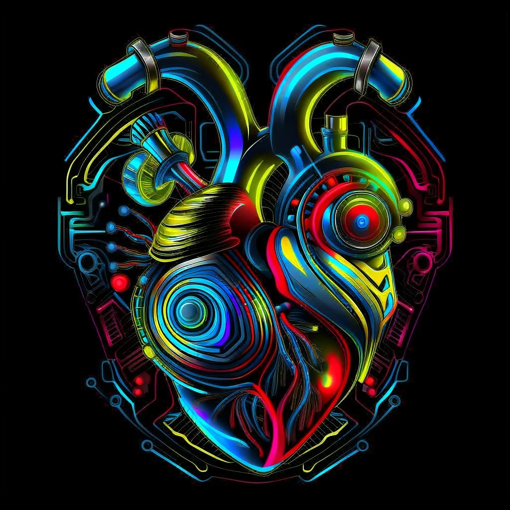 VECTOR LAYERED MULTICOLORED COMPLIMENTARY NEON MECHANICAL HUMAN HEART, METALLIC,