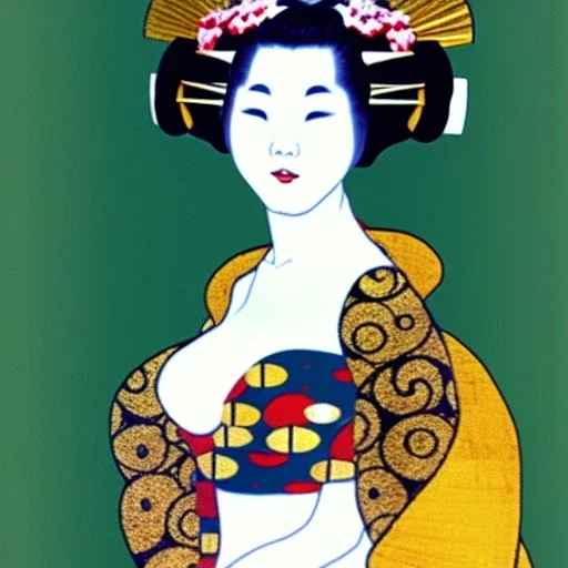 Retrato de cuerpo entero de una Geisha bella atlética voluptuosa vestida estilo de Gustav Klimt