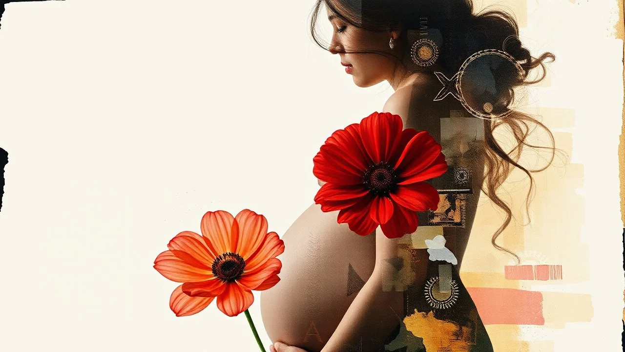 Abstract art, collage, mixed media, double exposure, portrait of pregnant woman, red flower, collage