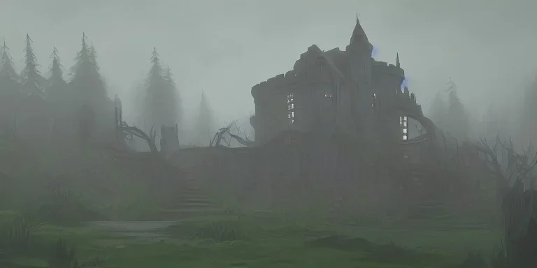 Ruined overgrown castle deep in a misty forest