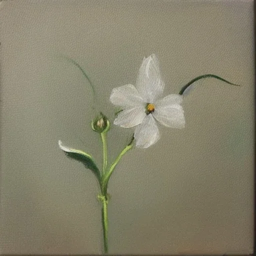 tiny oil painting of single long stem pressed flower, white canvas, ghostly, melancholy, tender, moody, vintage, delicate arrangement, beautiful composition, etsy, aesthetic layout, plain solid white background