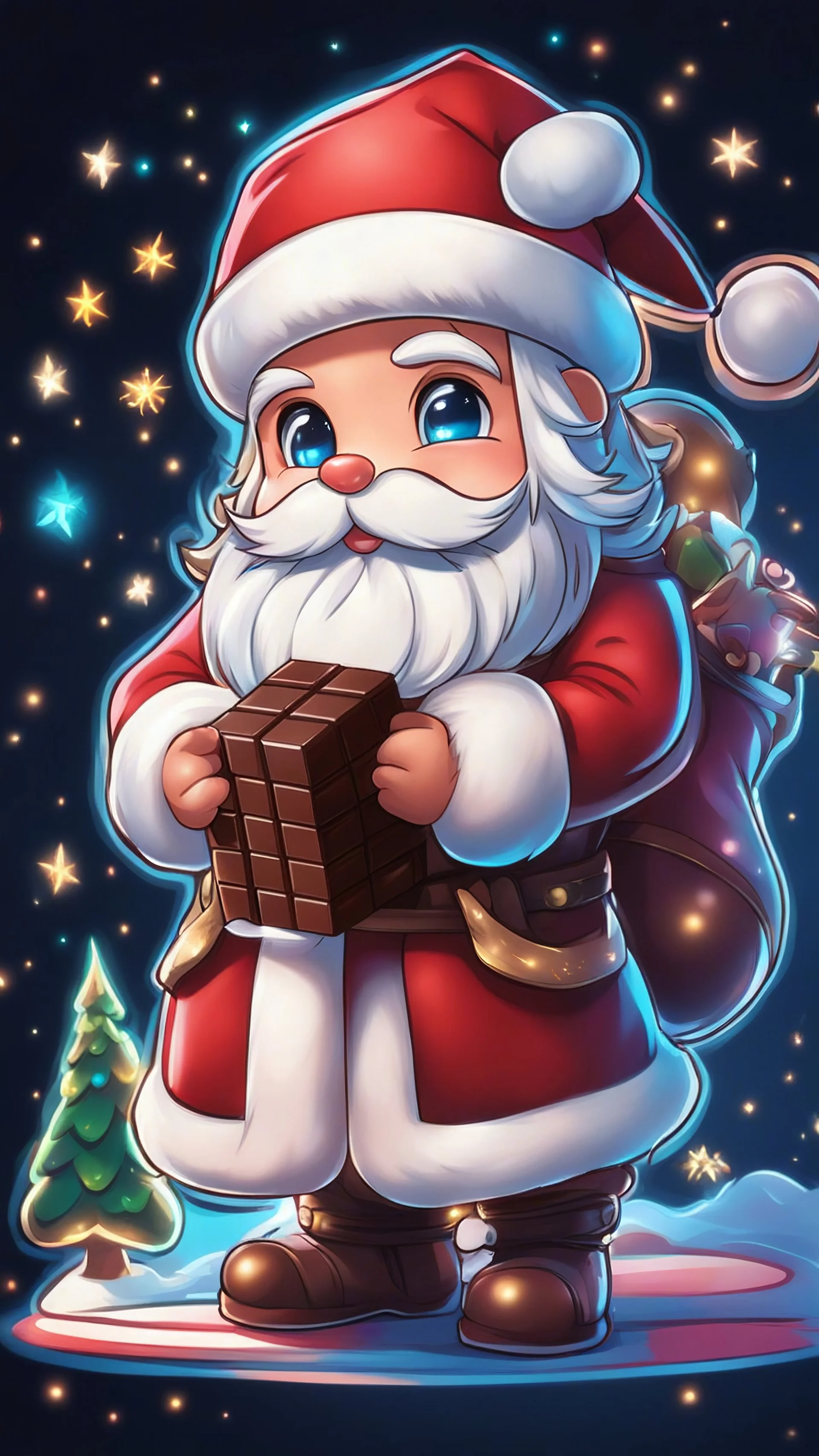 Chibi santa-claus hug big Chocolate in 8k sticker, style of fairy academia, neon lights, intricate details, highly detailed, high details, detailed portrait, masterpiece,ultra detailed, ultra quality