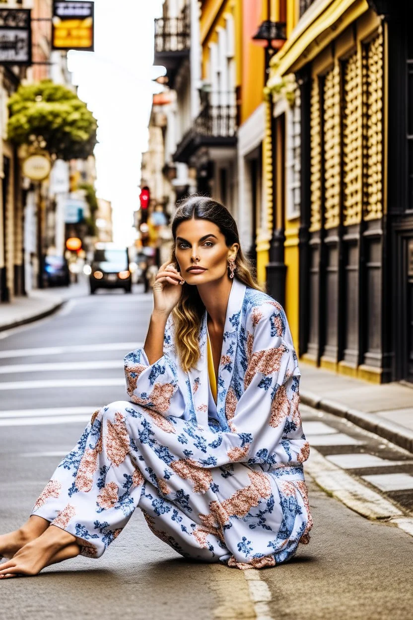 a supermodel in designer sleepwear sitting on street for magazine cover photoshoot