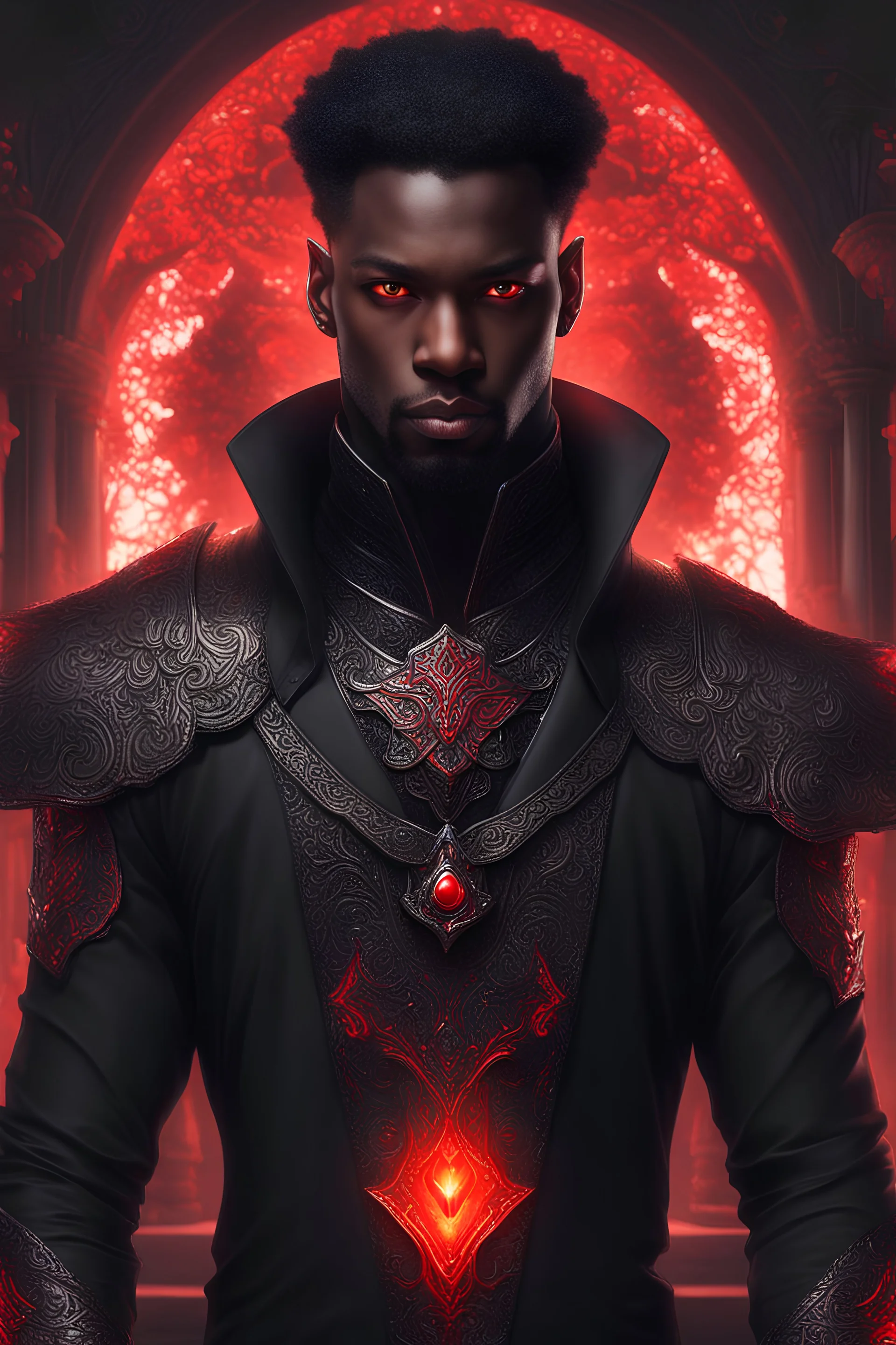 handsome black man, black clothes, glowing red eyes, high fantasy, portrait