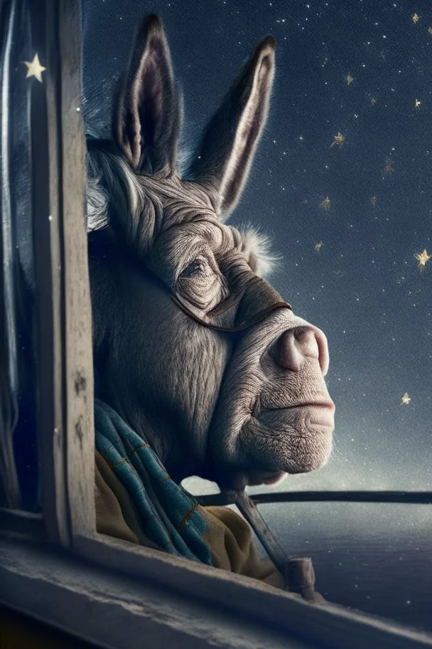 grandpa donkey portrait with background star field seen in the window of a boat, 4 k, trending art, depth of field