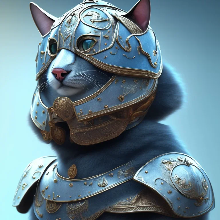 a cat with blue eyes wearing a medieval helmet, high detail, photo, 8k, ray-tracing