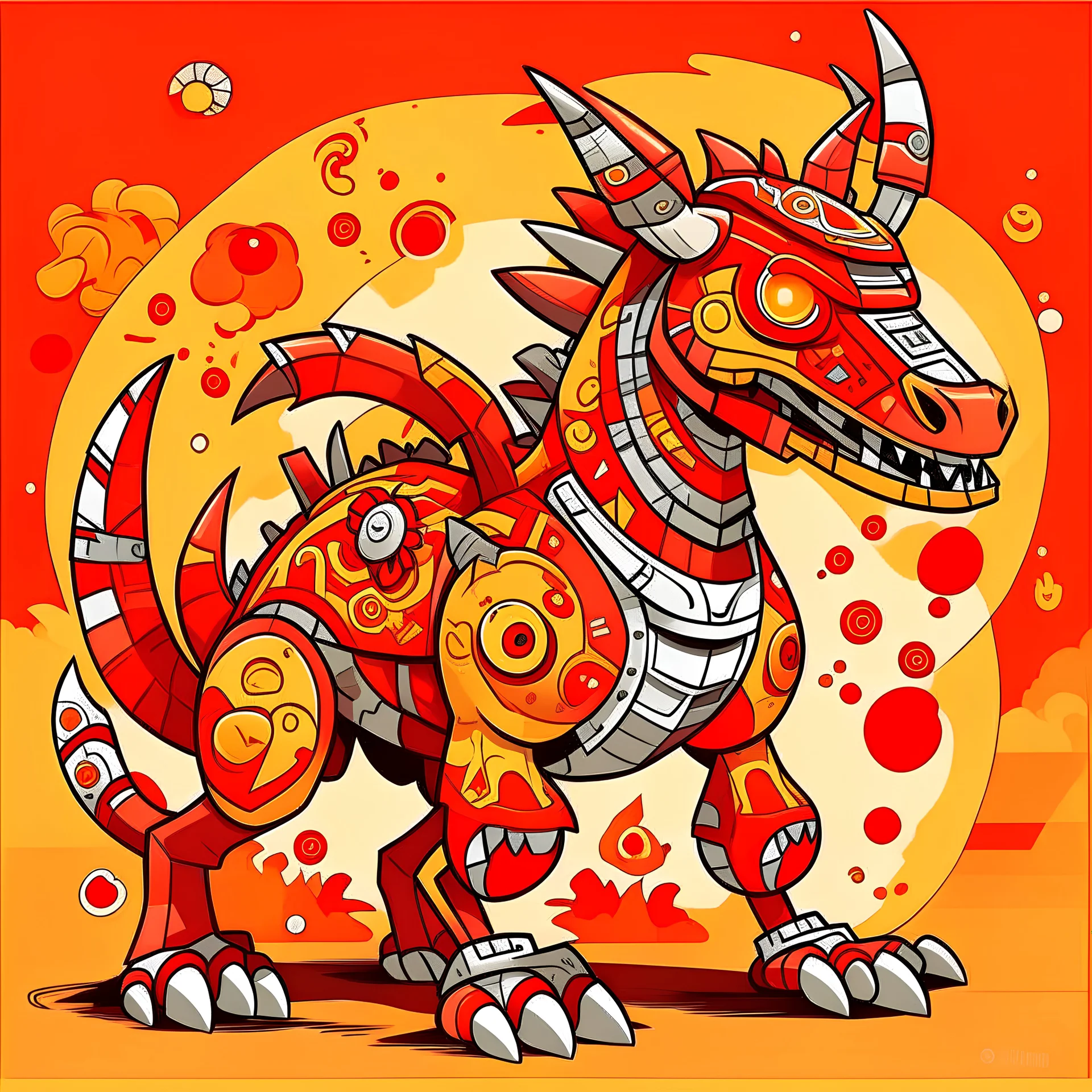 Ancient Greymon with red deep-red orange gold silver white palette in toyism art style