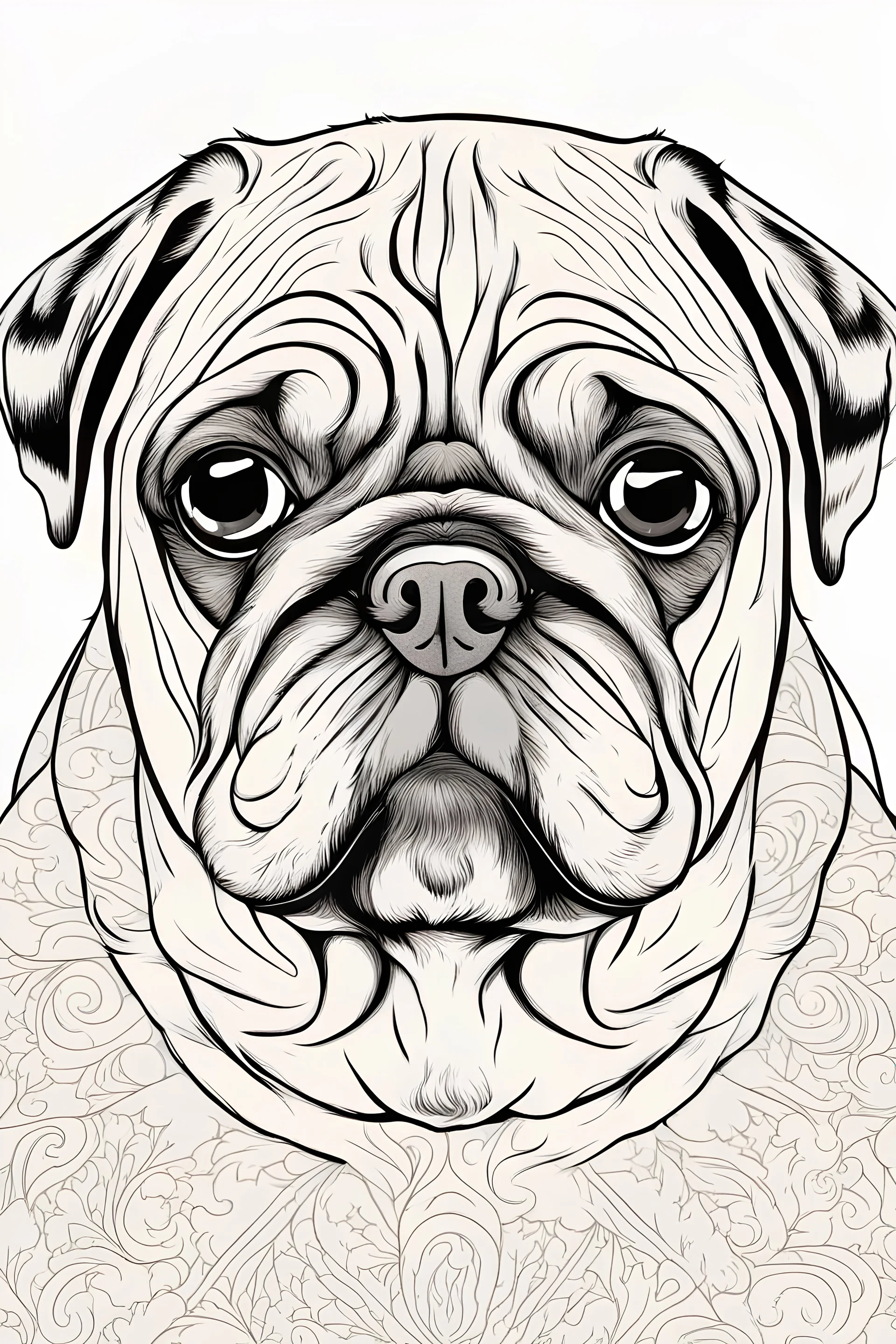 outline art for pug coloring pages, white background, Sketch style, only use outline, Mandala style, clean line art, white background, no shadows, and clear and well outlined