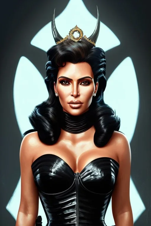 painting of kim kardashian as evil queen in black leather, feminie, angry, stern look on her face, volouptous, busty, cleavage, emperious, mature, highly detailed, digital painting, artstation, concept art, smooth, sharp focus, illustration, art by gaston bussiere and alphonse mucha