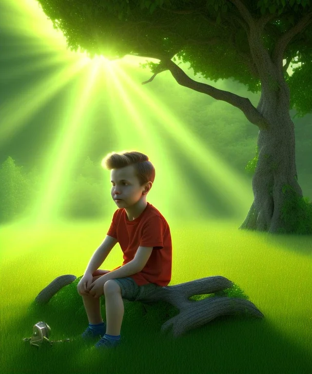 realistic image, boy sitting under a tree, god rays, 8k, 16 bit, vibrant color