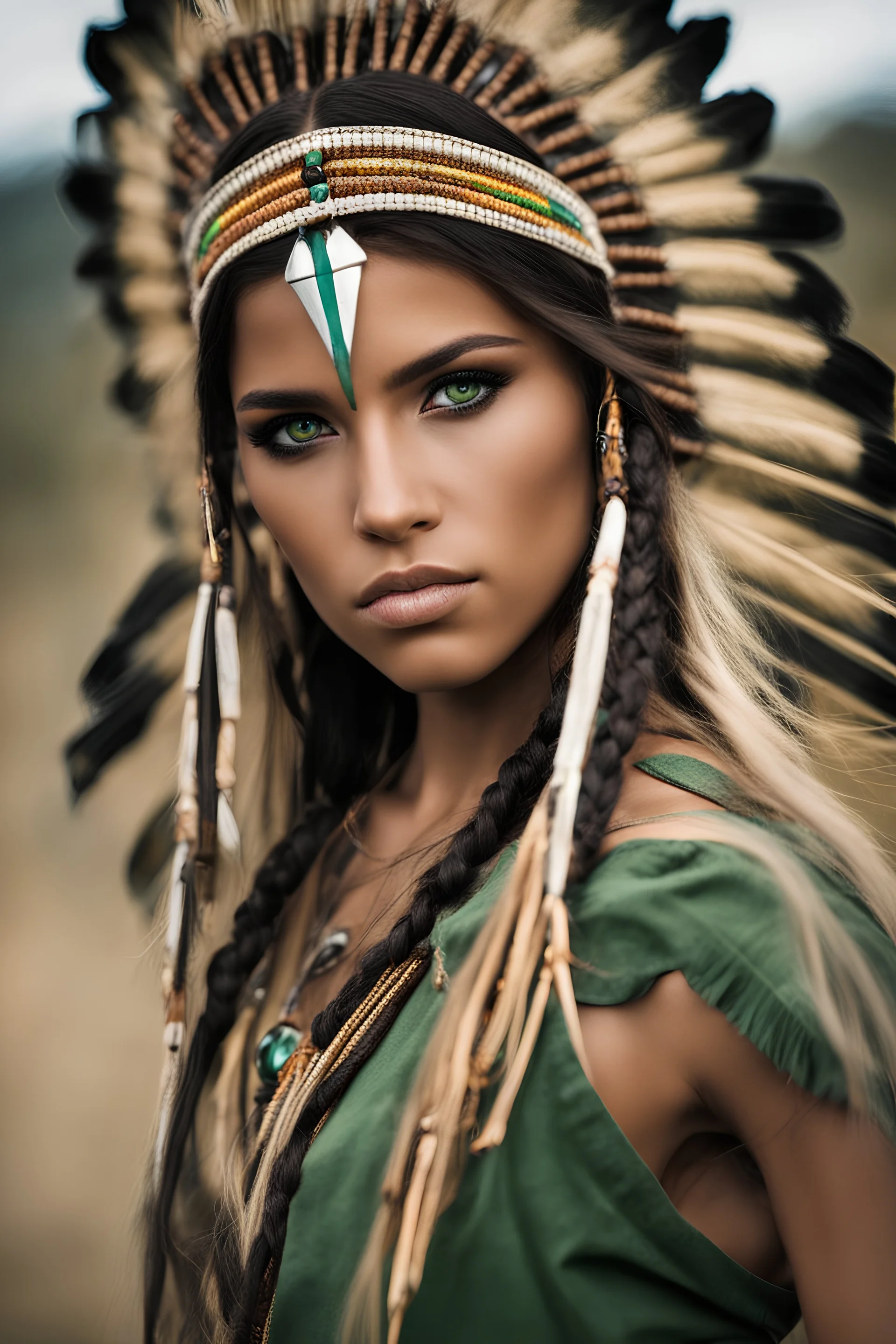 Beautiful girl with rainbow eyes, warrior, Native American, green and gold eyes, strong, sad, resilient, full body tough stance, photo-real