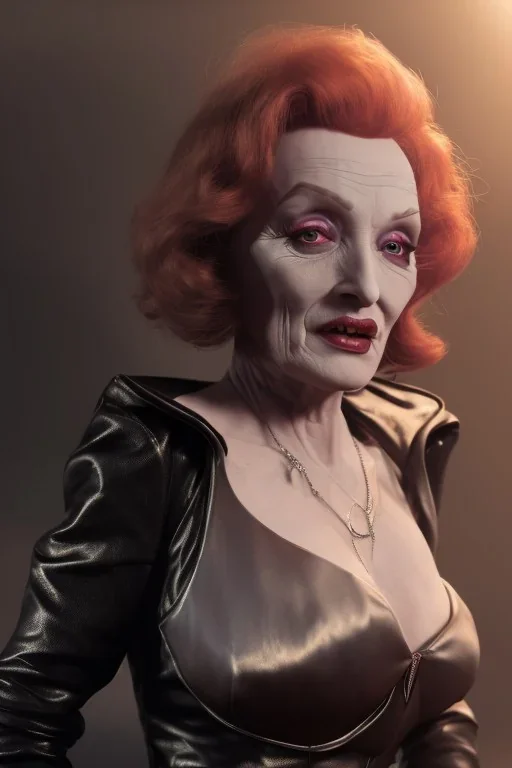 Marlene Dietrich as evil queen in black leather gown, angry, busty, curvey, cleavage, unreal 5, octane render,cinema4d, dynamic lighting, dramatic lighting, 4k, redshift render, highly detailed, hyper realistic